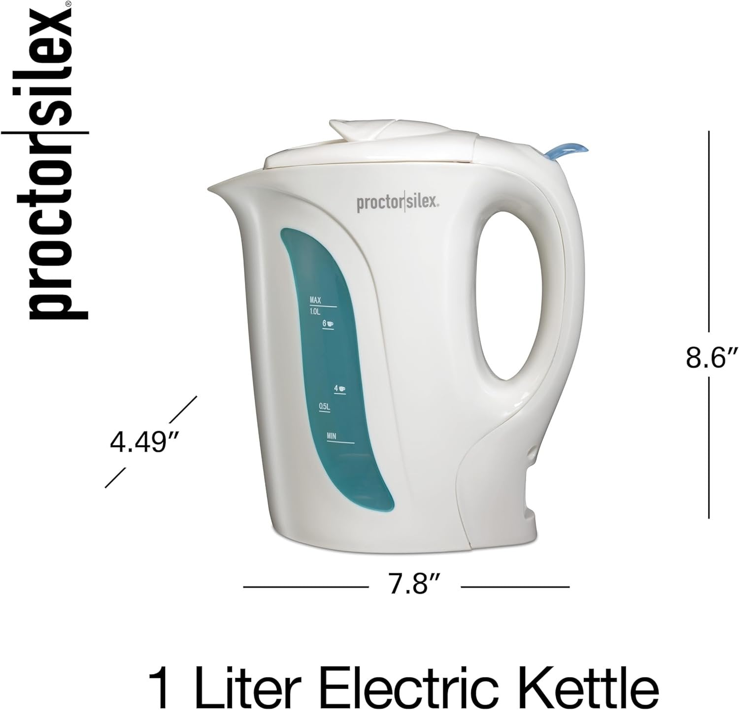 Proctor Silex Electric Tea Kettle, Water Boiler & Heater Auto-Shutoff & Boil-Dry Protection, 1000 Watts for Fast Boiling, 1 Liter, White