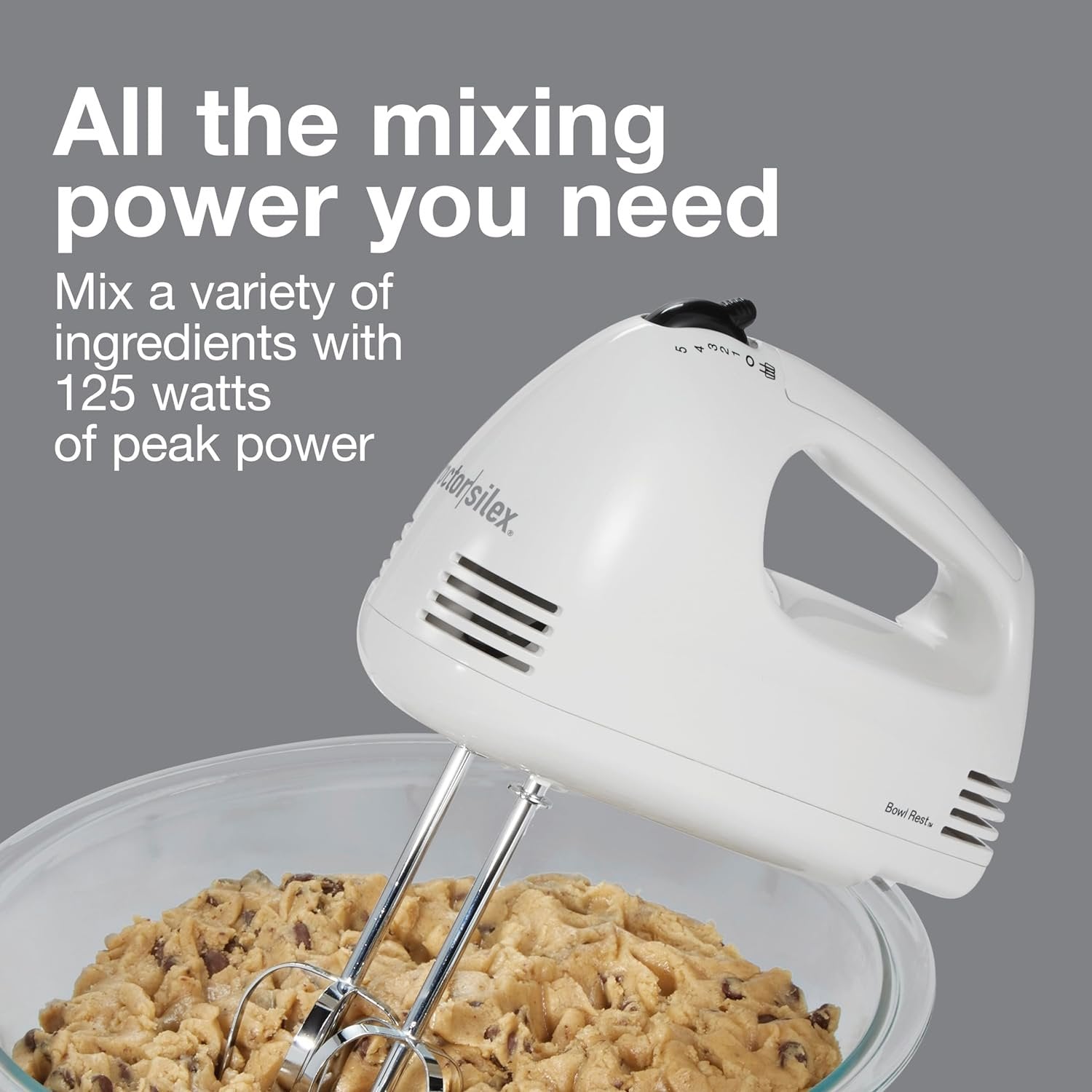 Proctor Silex Easy Mix 5-Speed Electric Hand Mixer with Bowl Rest, Compact and Lightweight, 100 Watts of Peak Power, White