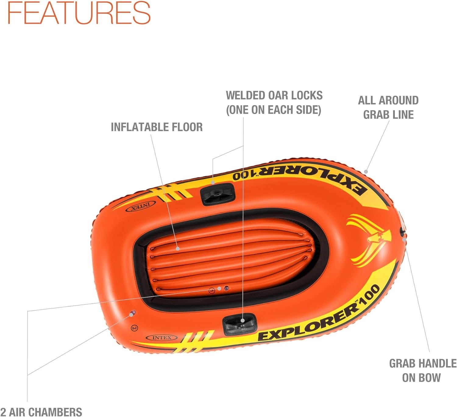 INTEX Explorer Inflatable Boat Series: Dual Air Chambers – Welded Oar Locks – Grab Handles – Bow Rope – Sporty Design