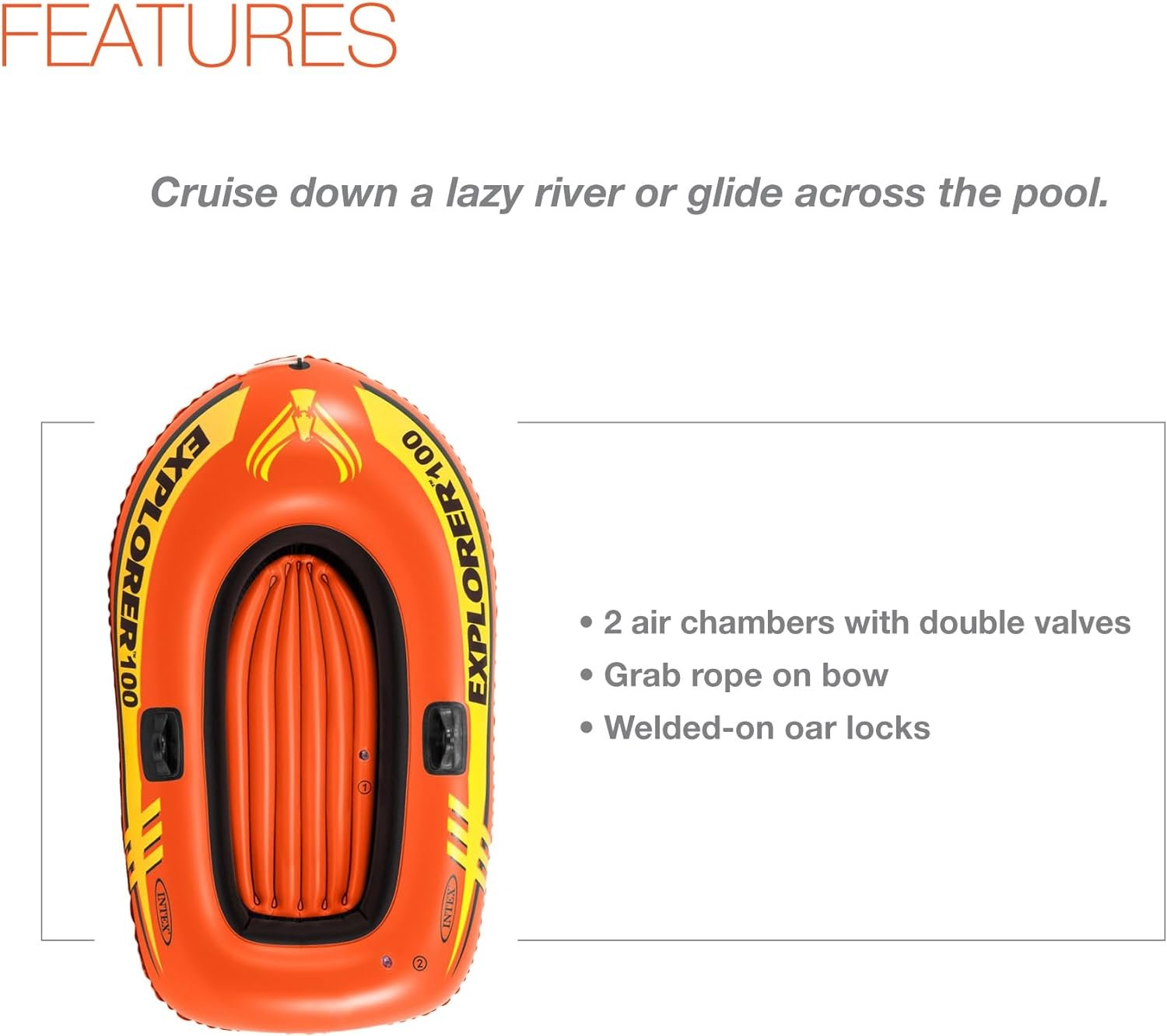 INTEX Explorer Inflatable Boat Series: Dual Air Chambers – Welded Oar Locks – Grab Handles – Bow Rope – Sporty Design