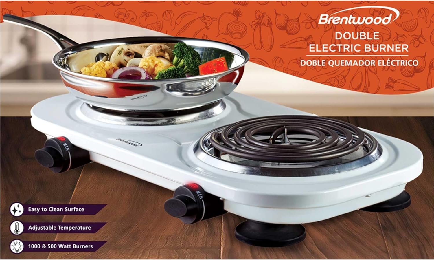 BRENTWOOD TS-361W Electric 1,500-Watt Double Burner