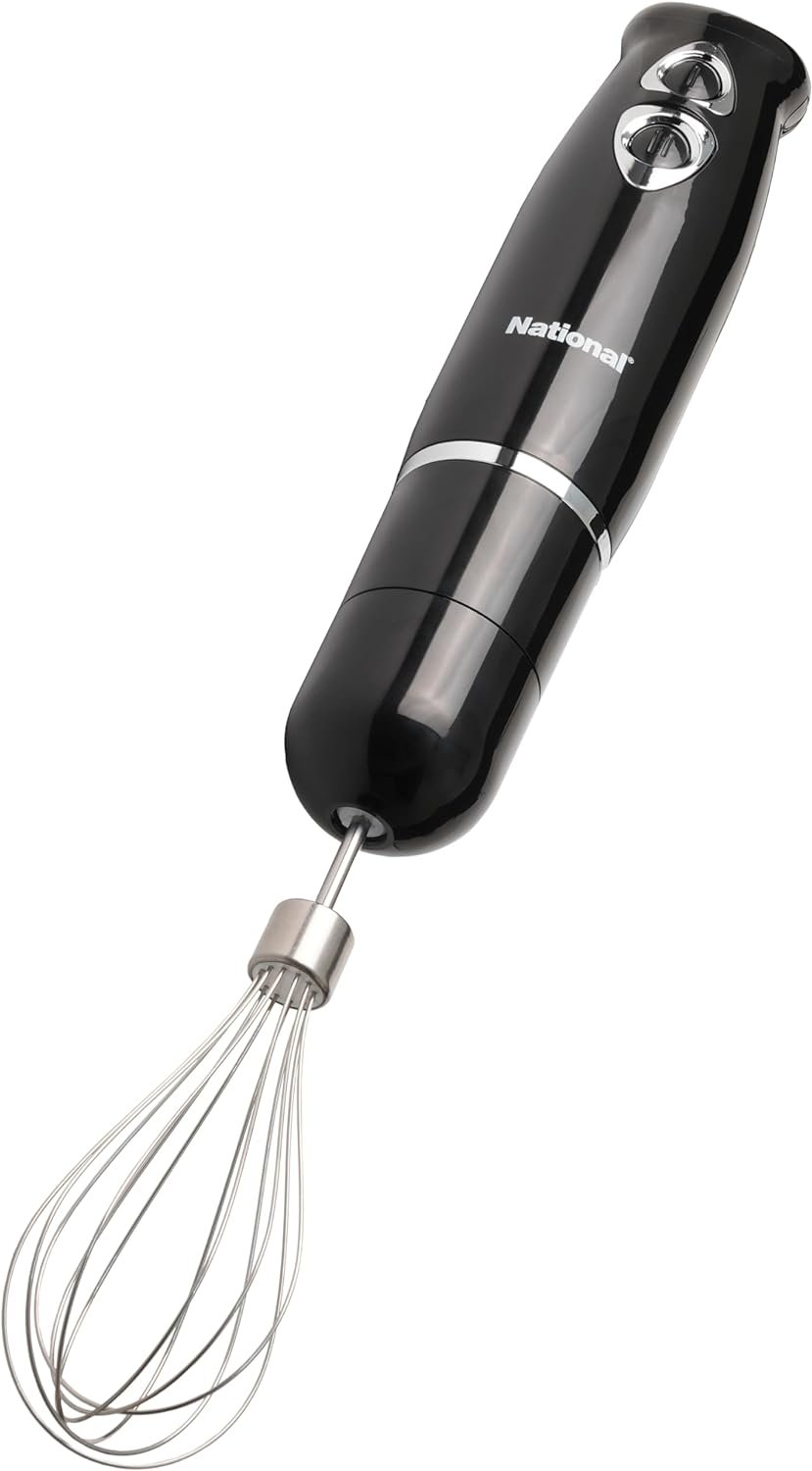 National NA-3104HB 4-in-1 Multi-Purpose Immersion Hand Blender Blend, Puree, Mash, Chop and Whisk, Two Speeds, Splash Control, and ETL Approved with Interchangeable Attachments (Black)