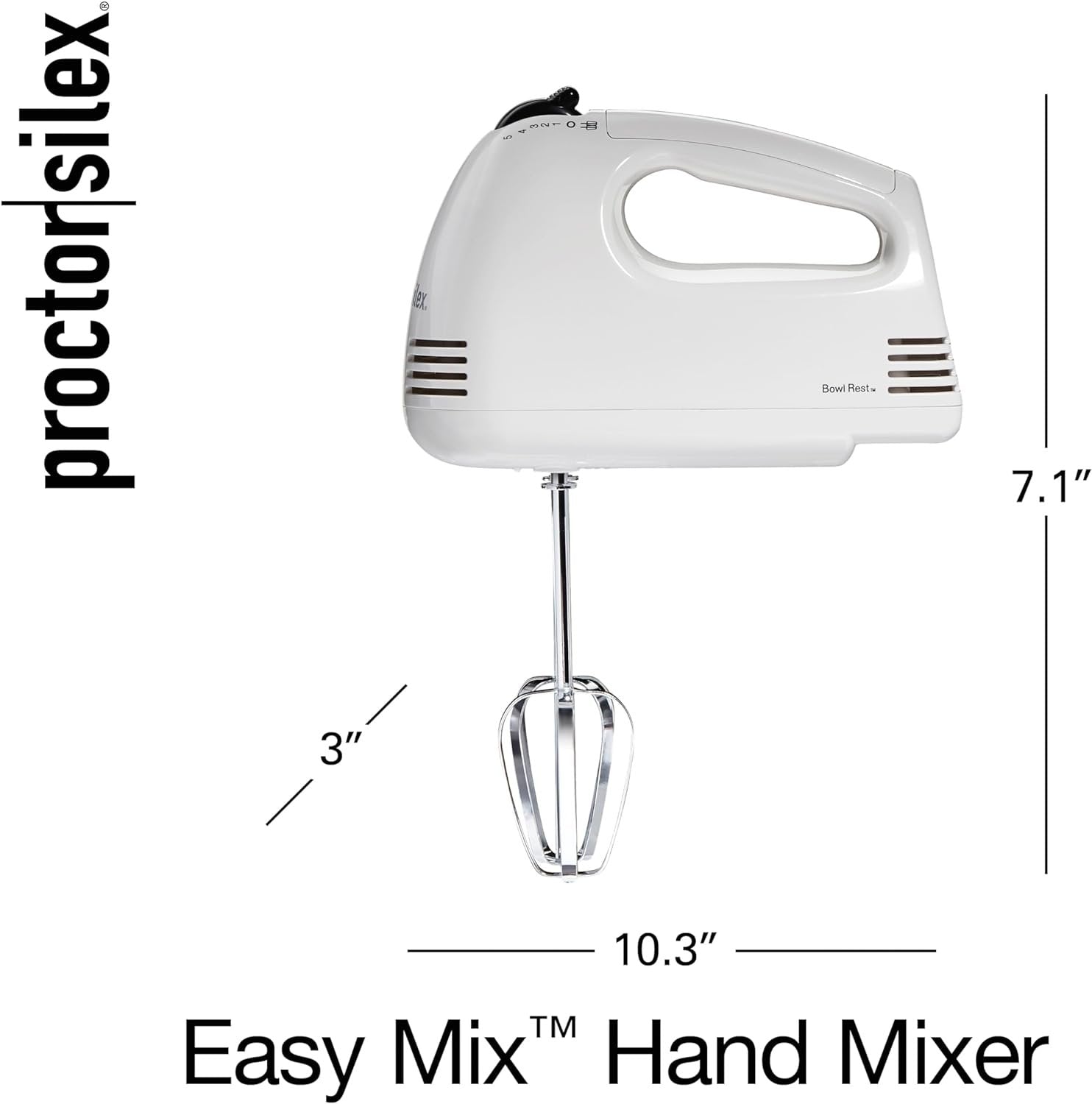 Proctor Silex Easy Mix 5-Speed Electric Hand Mixer with Bowl Rest, Compact and Lightweight, 100 Watts of Peak Power, White